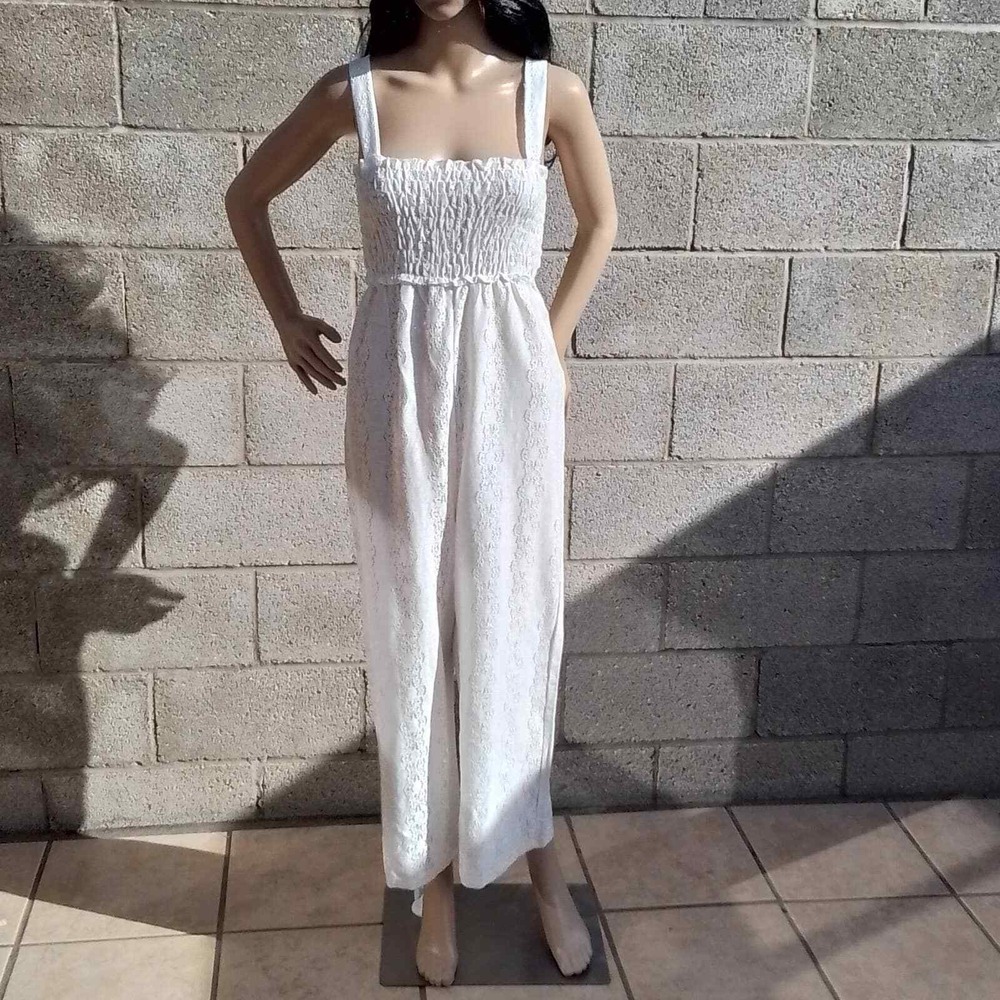 Zara Jumpsuit Sz S White Eyelet Design Sleeveless‎ Tank Ankle Resort Semi Sheer